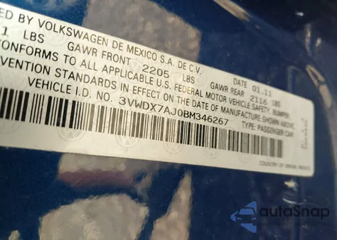 2011 Volkswagen Jetta 2.5L Se из США, поврежденный, VIN 3VWDX7AJ0BM346267